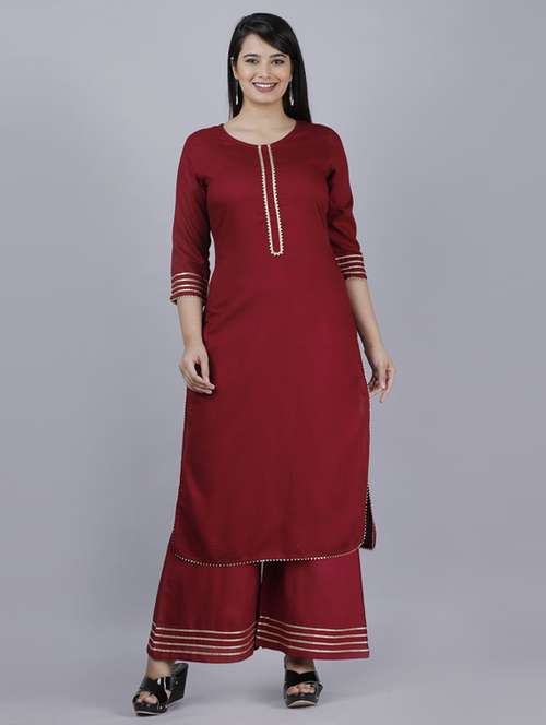 maroon self design kurta palazzo set - 19481775 -  Standard Image - 0