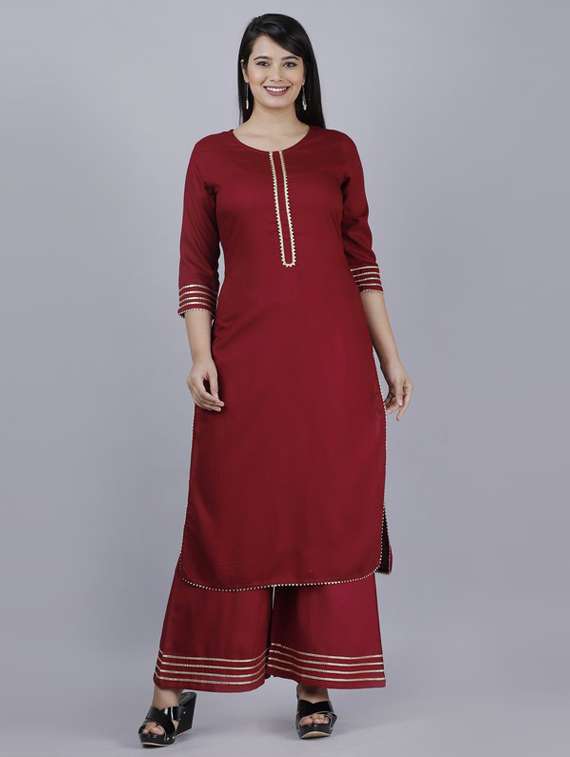 maroon self design kurta palazzo set