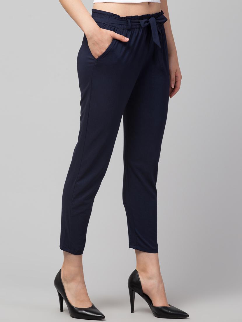navy blue lycra pleated trouser with belt - 19482541 - Standard Image - 2