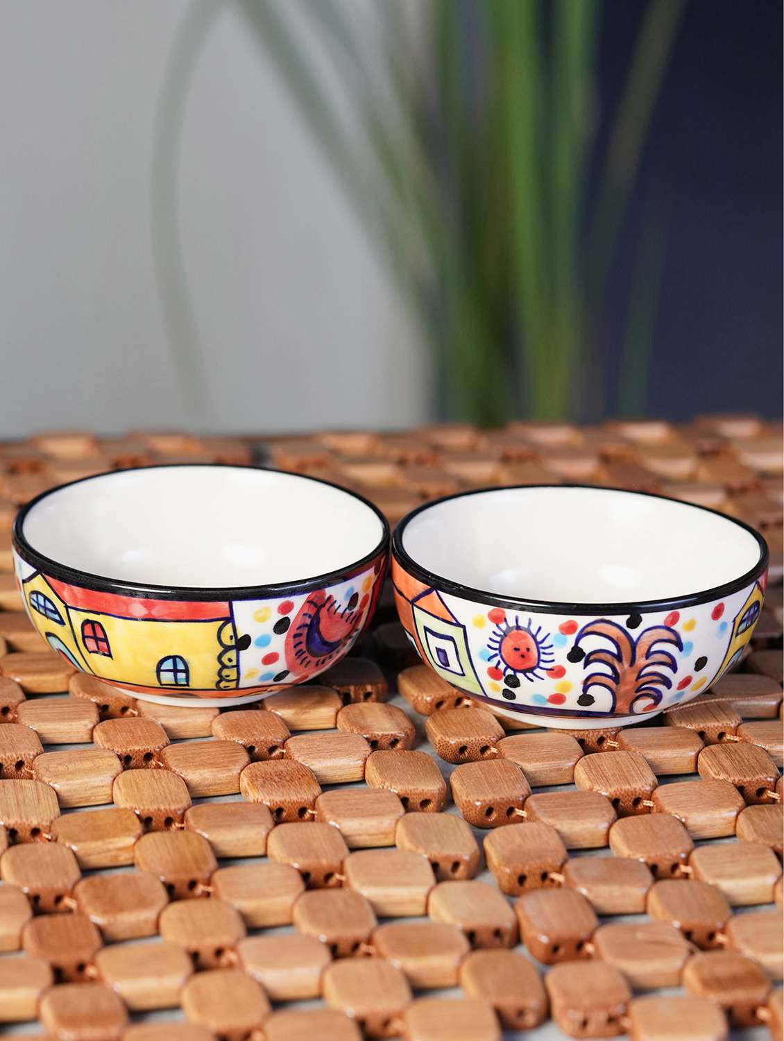 multicolored ceramic floral bowls set  (multicolor, pack of 2)