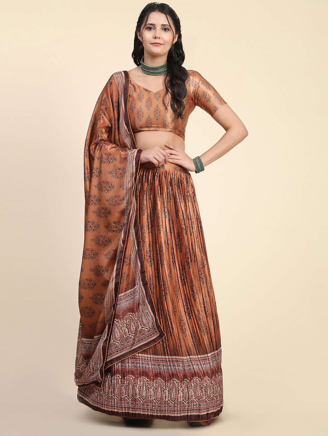 brown printed flared semi stitched lehenga