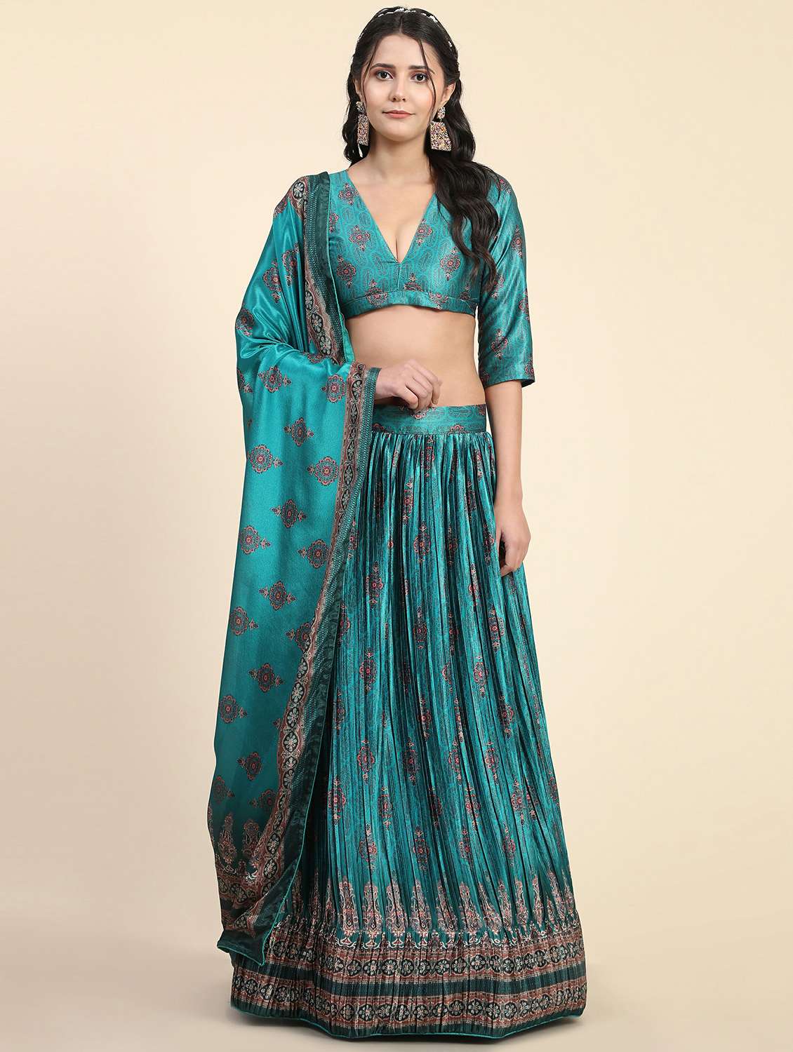 blue printed flared semi stitched lehenga