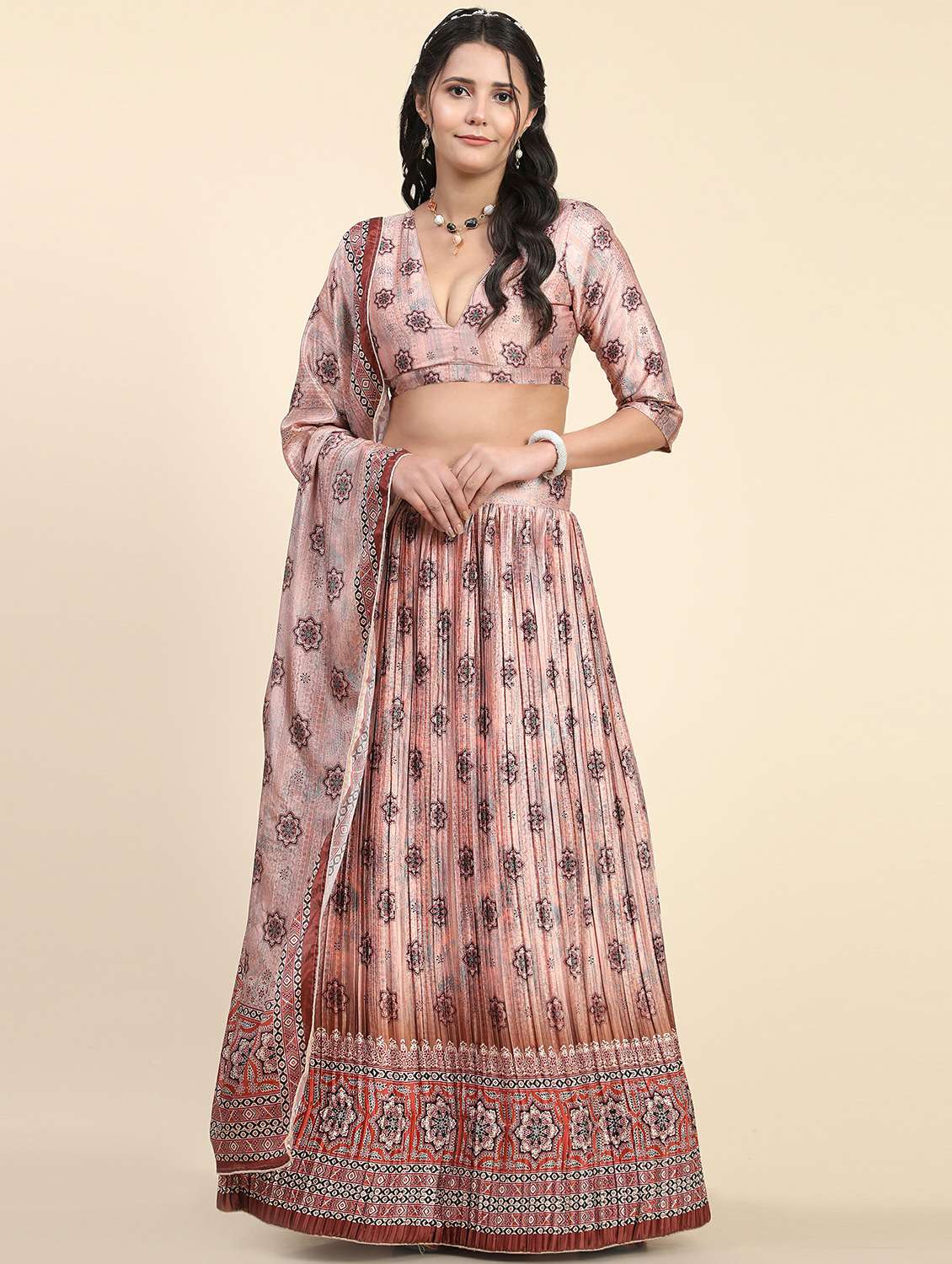 peach printed flared semi stitched lehenga