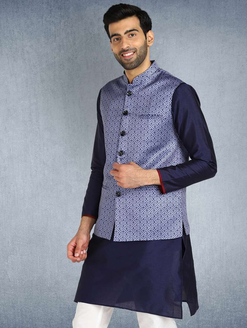 blue printed nehru jacket