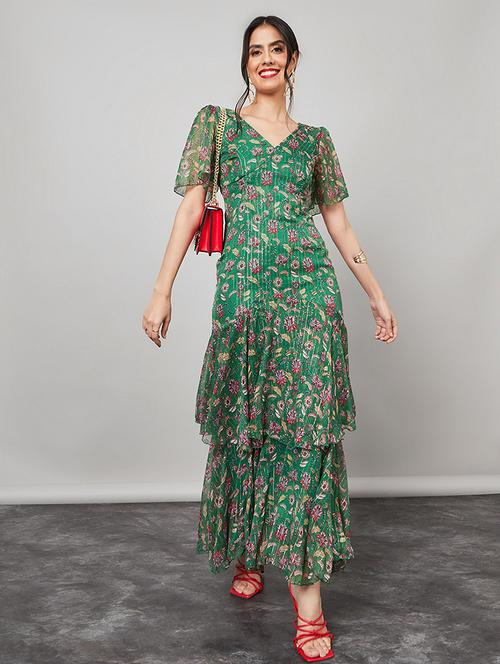 frill sleeve floral print layered maxi dress - 19492681 -  Standard Image - 0