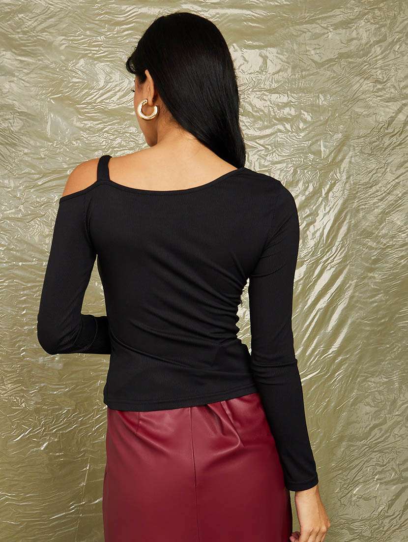 asymmetric neck ribbed fitted knit top with chain strap detail - 19494495 -  Standard Image - 2
