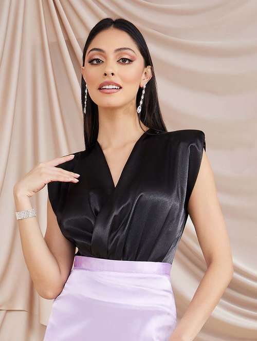 regular fit sleeveless v neck bodysuit with wrap and rouching detailing - 19494655 - Standard Image - 0