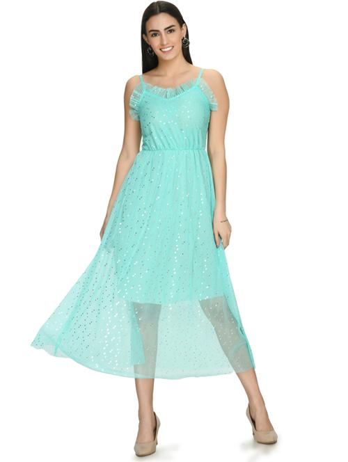 women light blue fit & flare self design dress - 19495190 -  Standard Image - 0