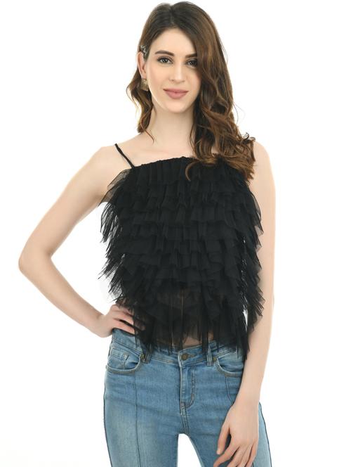 women solid shoulder strap ruffled top - 19495267 -  Standard Image - 0