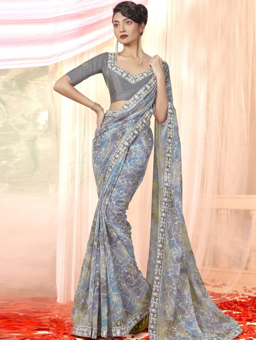 women's self design grey colored saree with blouse