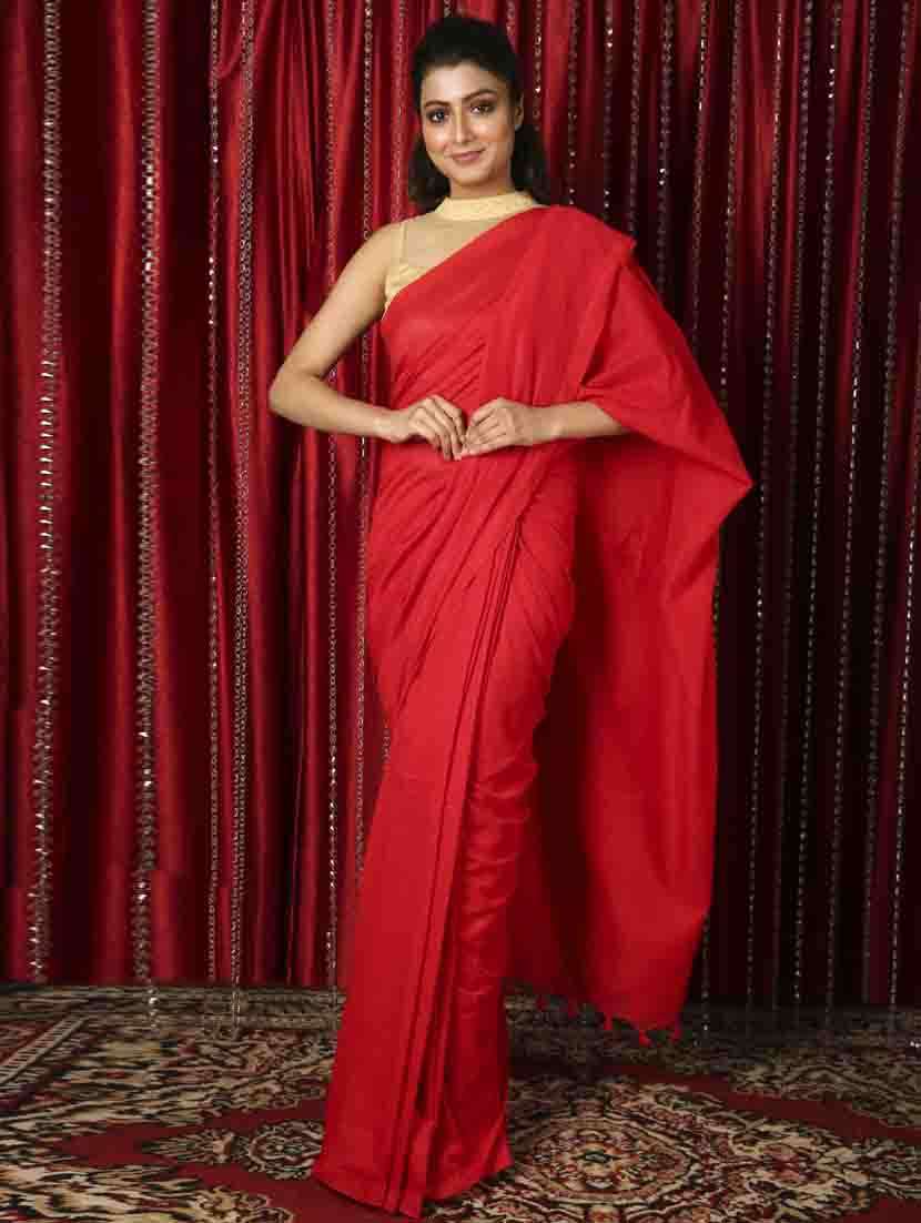 red cotton blend plain saree with blouse
