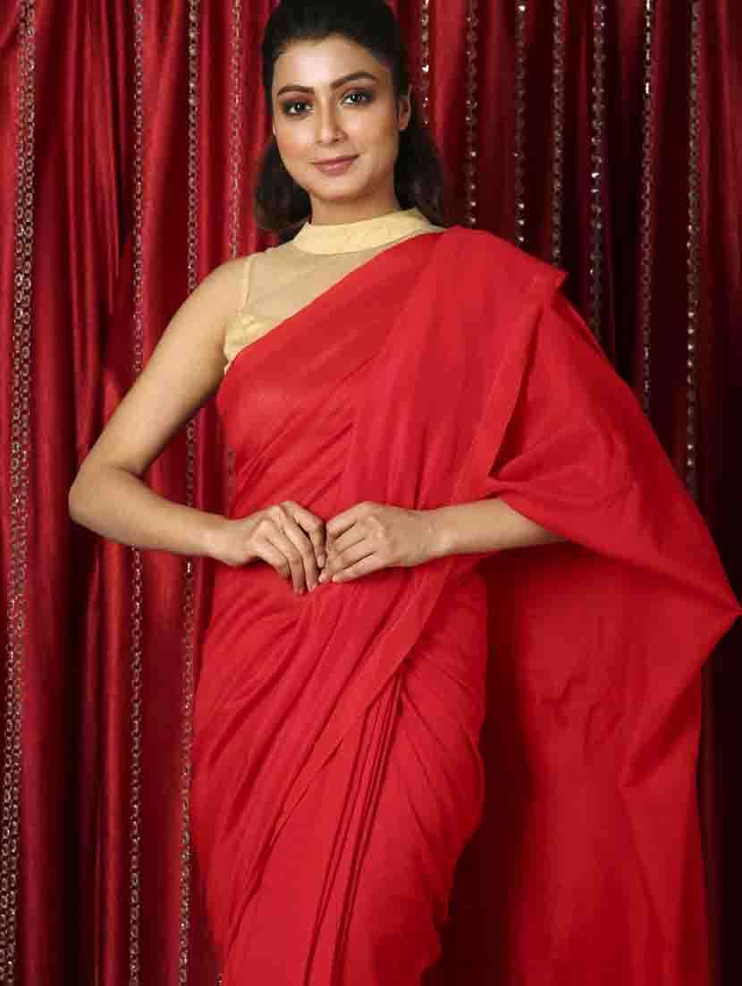 red cotton blend plain saree with blouse - 19497652 -  Standard Image - 2