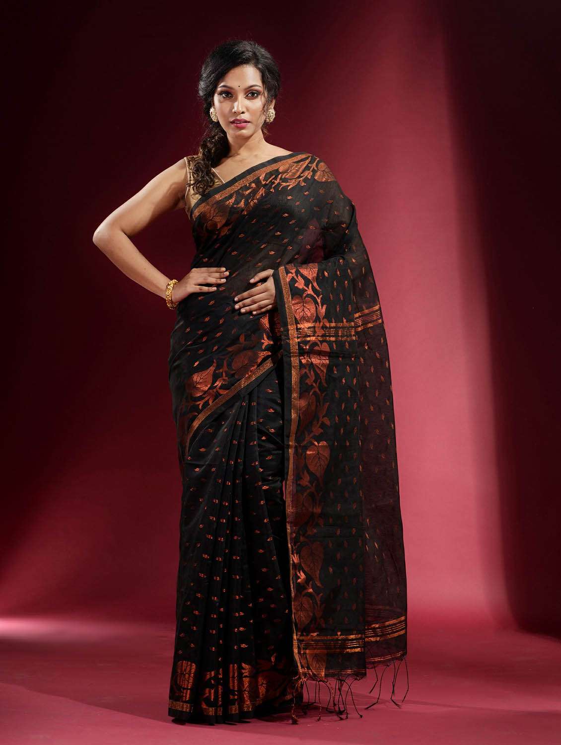 women's self design black colored saree with blouse