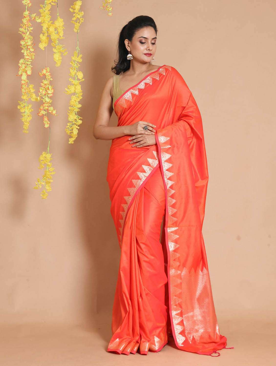 orange self design woven saree with blouse