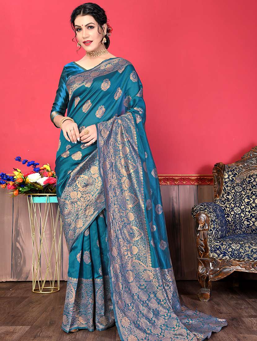 women's self design teal colored saree with blouse
