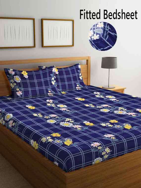 fabinaliv blue floral 210 tc cotton blend king size fitted double bedsheet with 2 pillow covers