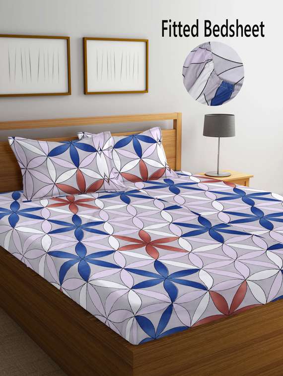 fabinaliv multicolor geometric 210 tc cotton blend king size fitted double bedsheet with 2 pillow covers