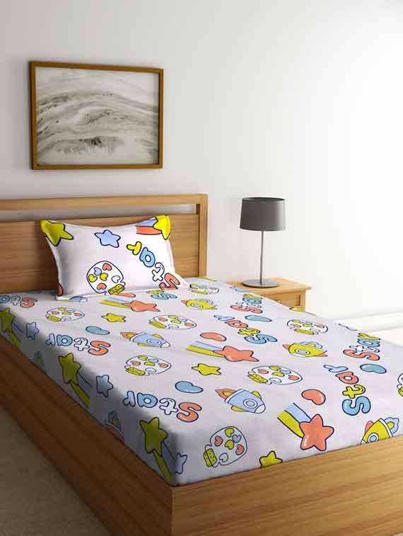 fabinaliv white cartoon print 210 tc cotton blend single bedsheet with pillow cover