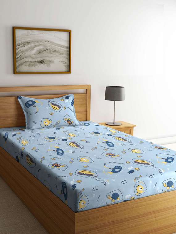 fabinaliv multicolor cartoon print 210 tc cotton blend single bedsheet with pillow cover
