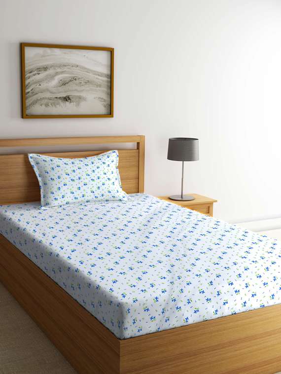 fabinaliv white floral 210 tc cotton blend single bedsheet with pillow cover