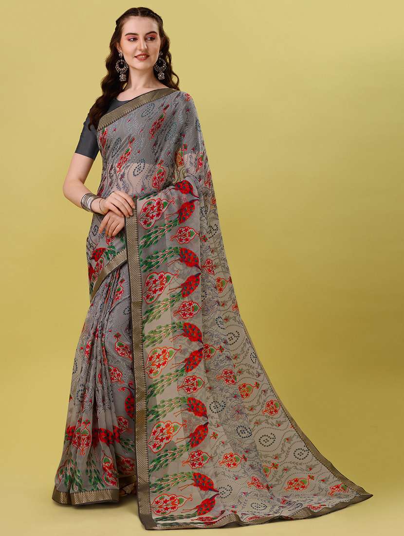 women's kalamkari grey colored saree with blouse