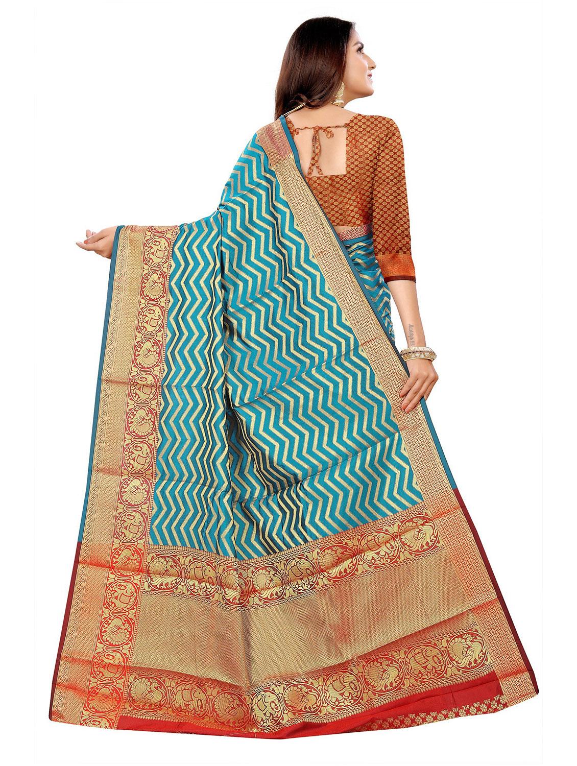 blue cotton silk striped banarasi saree with blouse - 19514862 - Standard Image - 2