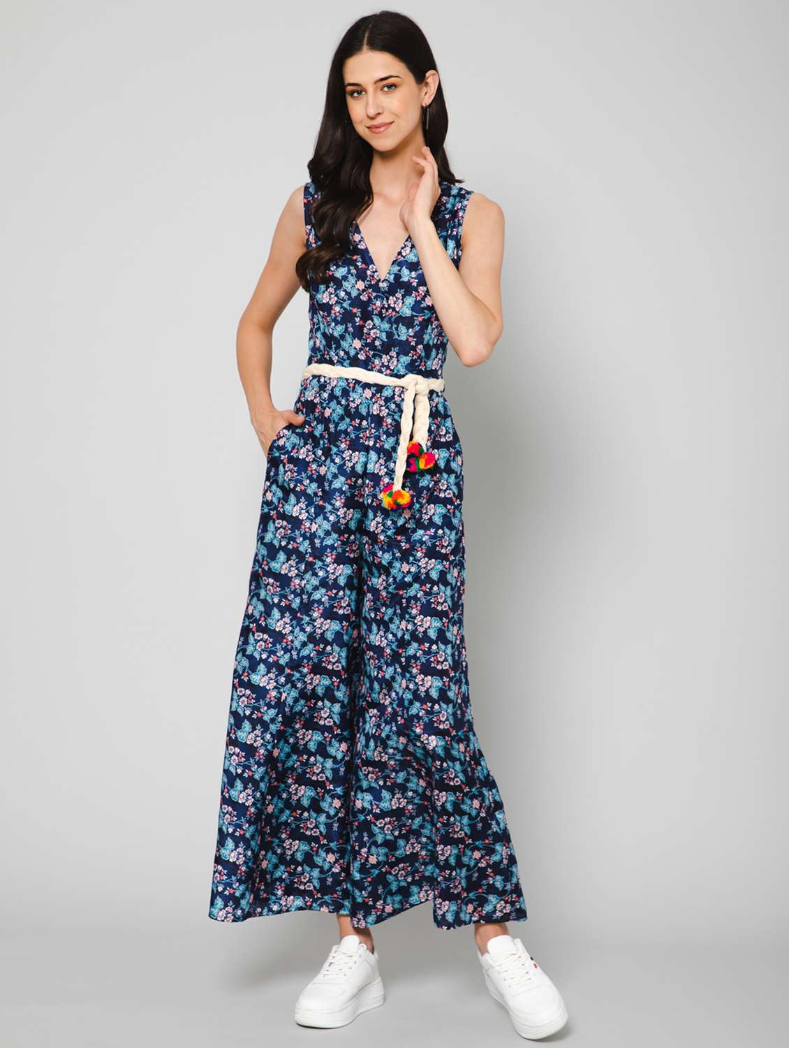 v-neck floral print full leg jumpsuit
