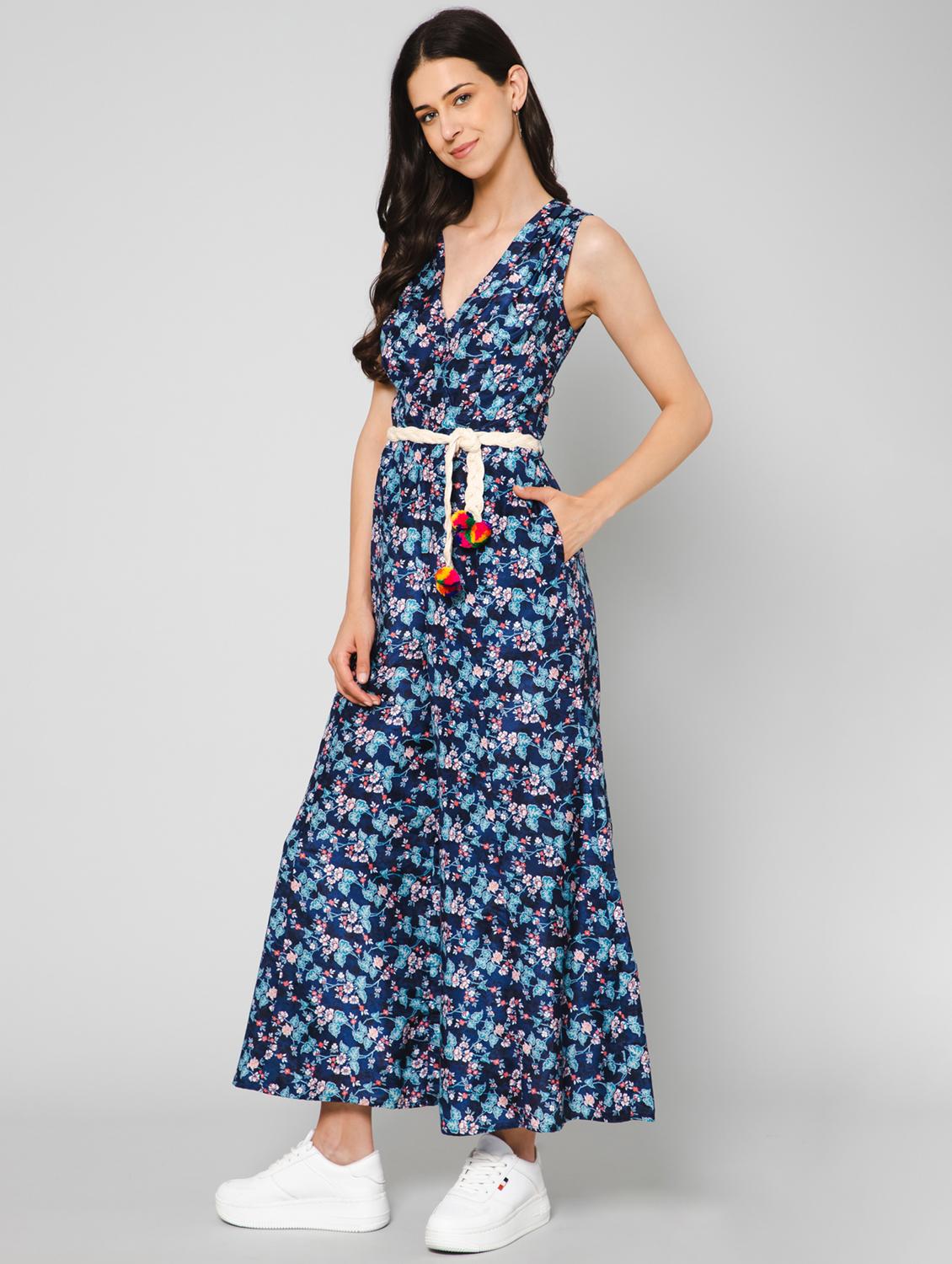 v-neck floral print full leg jumpsuit - 19522256 - Standard Image - 2