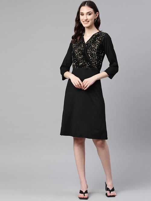 women's overlap neck sequins work knee length dress - 19522614 - Standard Image - 0