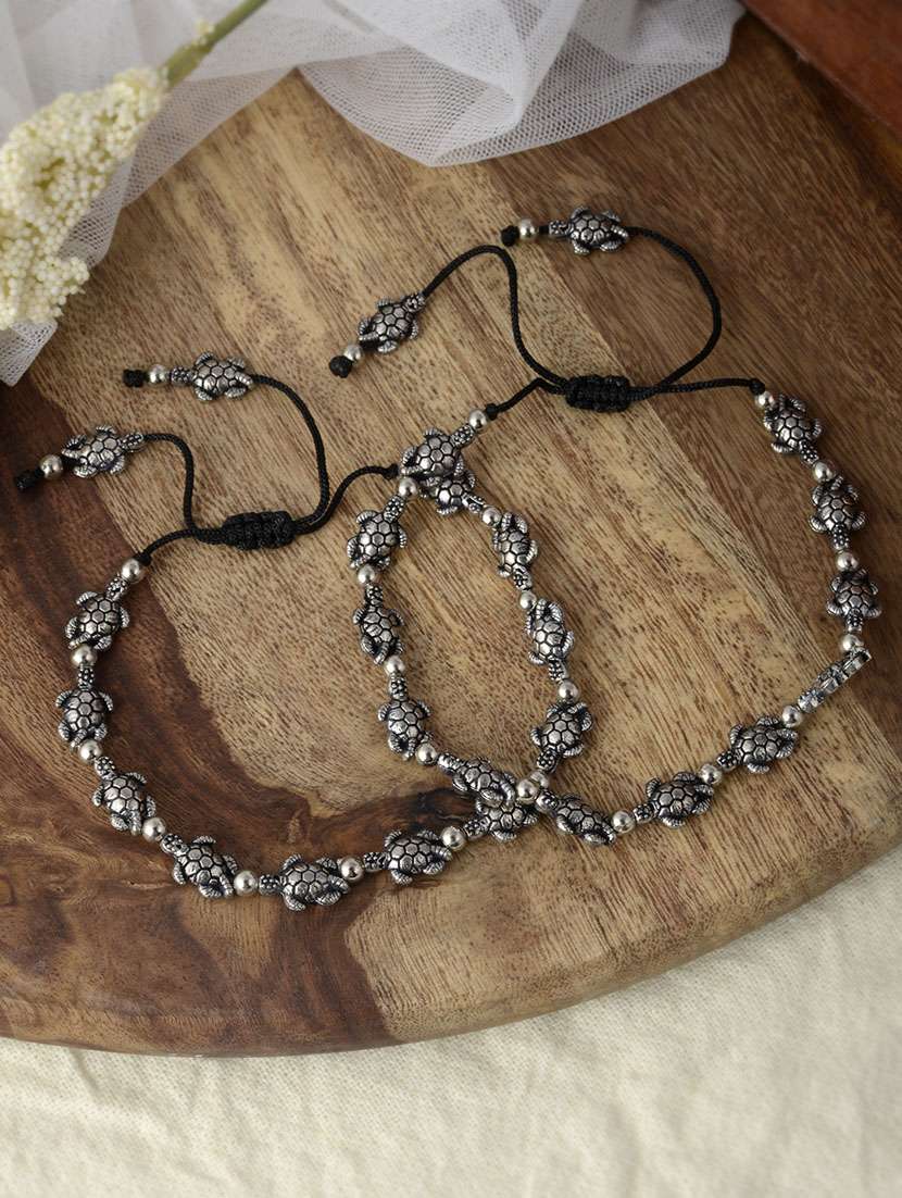 silver plated oxidised crocodile bead black thread anklets for women