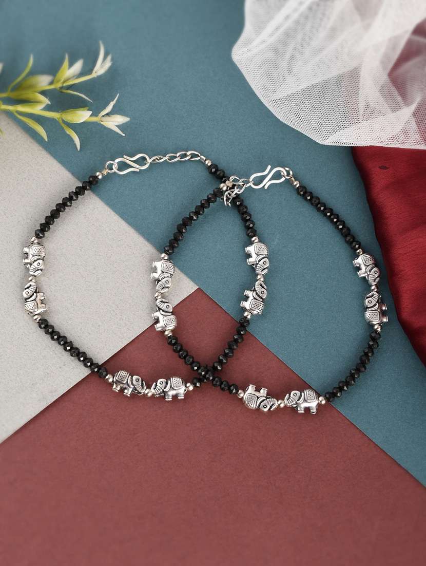 silver plated oxidized black beads anklet with elephant charm