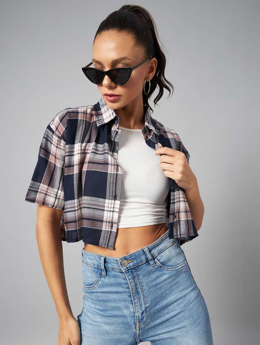 women checkered crop shirt