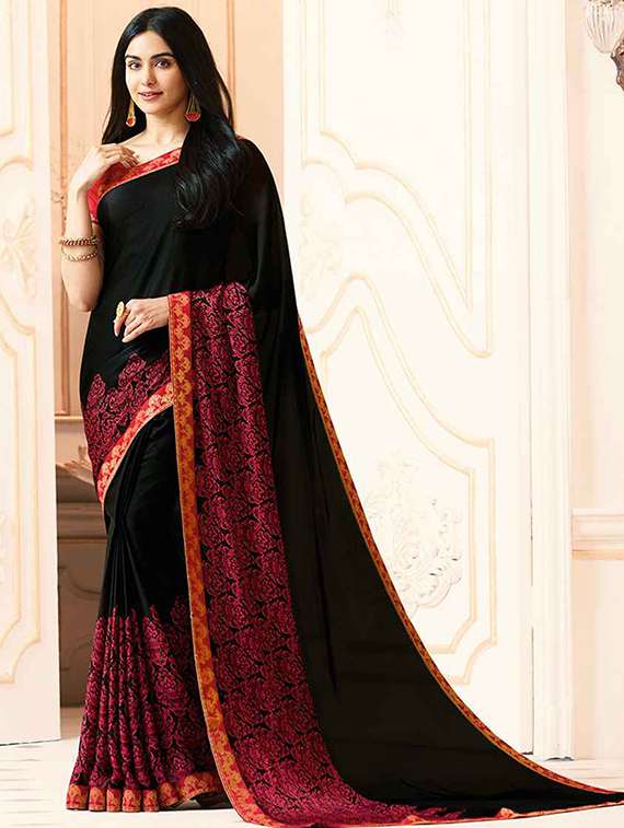 black georgette printed saree with blouse