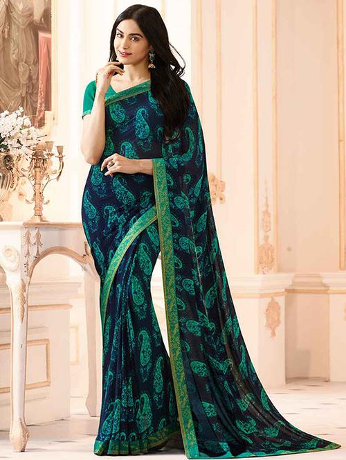 blue georgette printed saree with blouse - 19555279 - Standard Image - 0