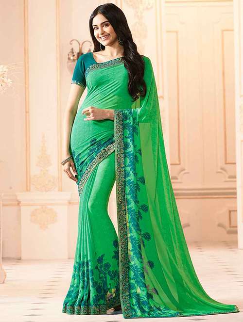 green georgette printed saree with blouse - 19555282 - Standard Image - 0