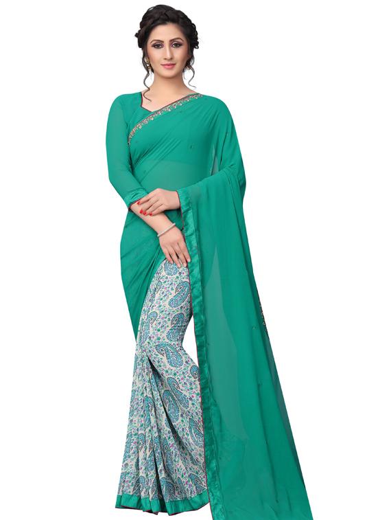 green printed saree with blouse - 19555297 -  Zoom Image - 0