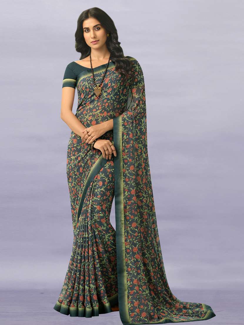 green georgette printed saree with blouse