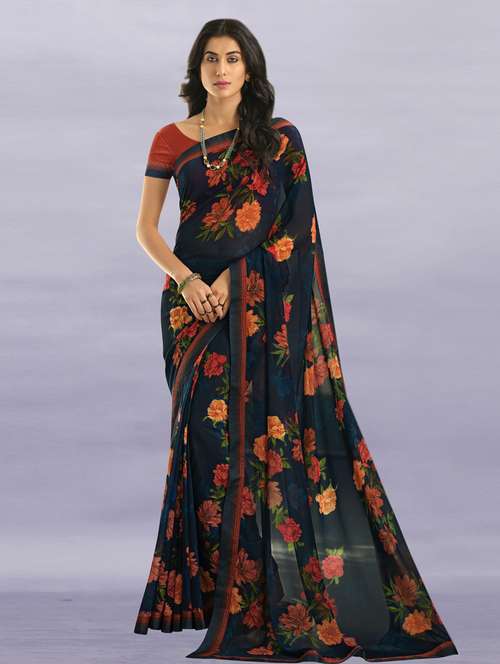 navy georgette printed saree with blouse - 19555309 - Standard Image - 0