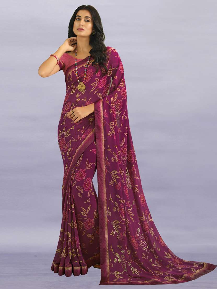 purple georgette printed saree with blouse