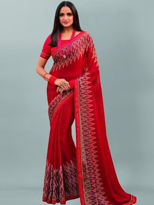 red georgette printed saree with blouse - 19555322 - Standard Image - 0