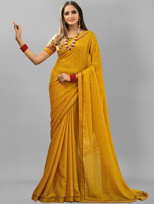yellow georgette printed saree with blouse - 19555324 -  Standard Image - 0