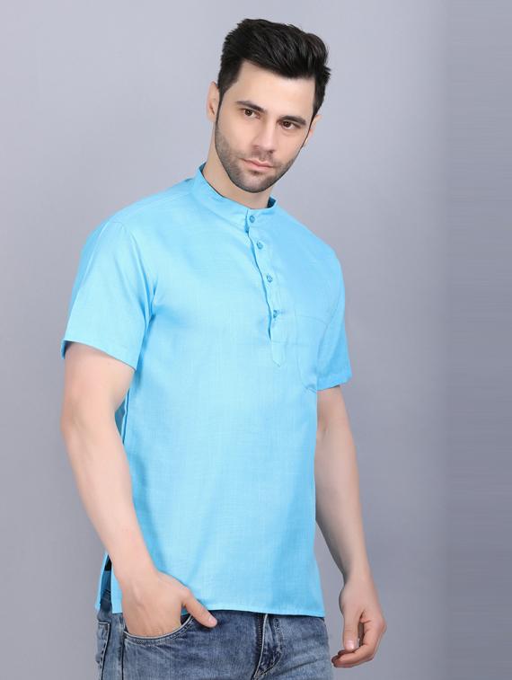 light blue cotton blend short kurta - 19564549 - Standard Image - 2