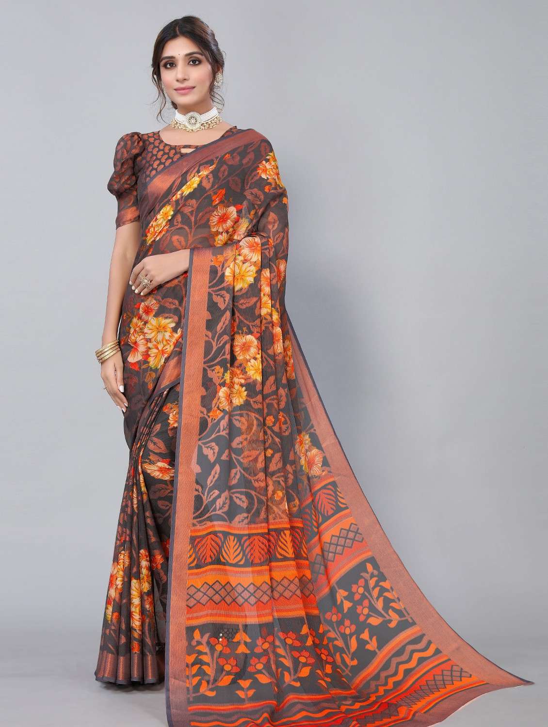 grey floral printed  saree with blouse