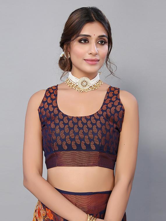 dark blue printed saree with blouse - 19568422 - Standard Image - 2