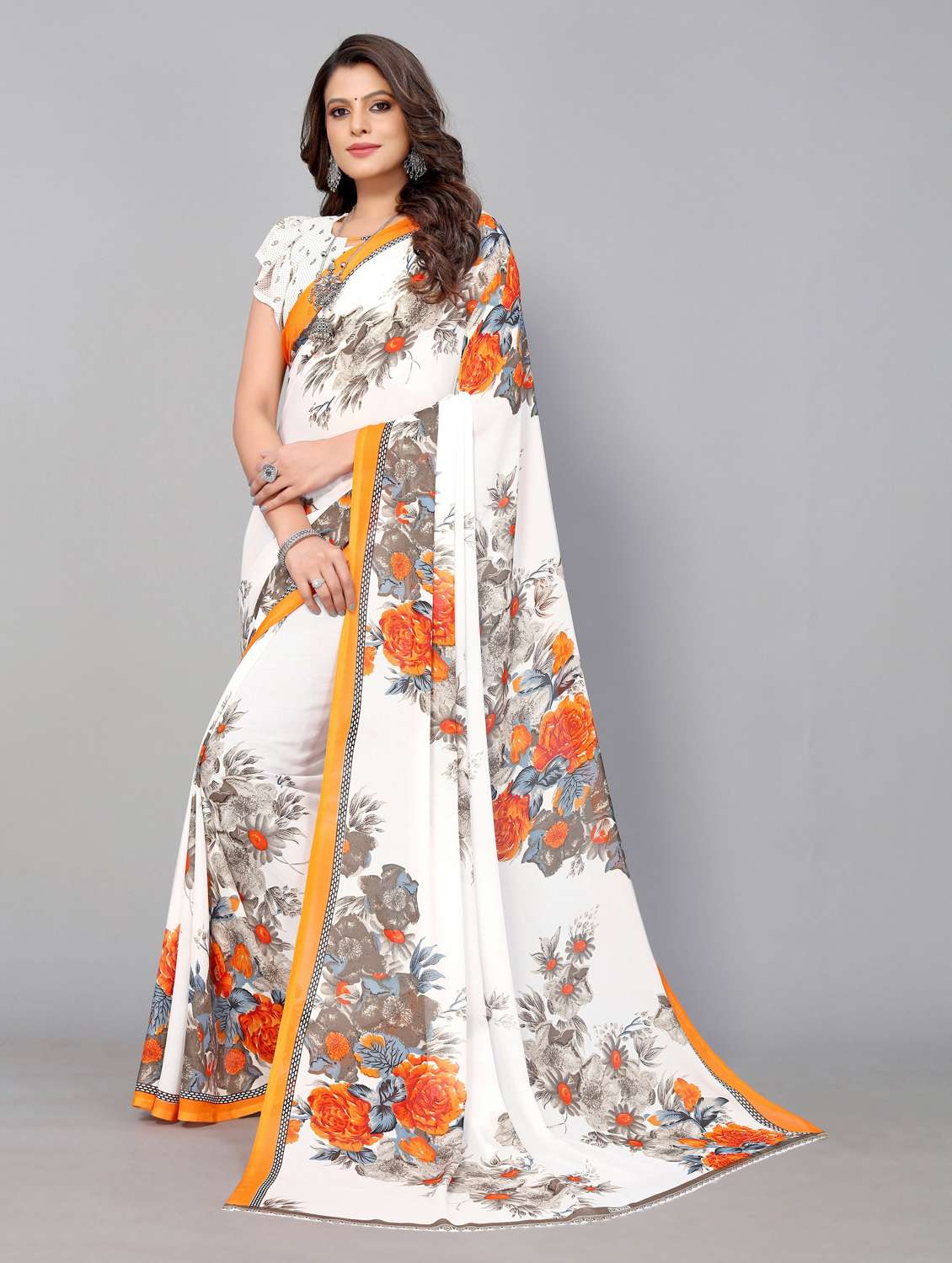white georgette printed saree with blouse - 19568651 -  Standard Image - 2