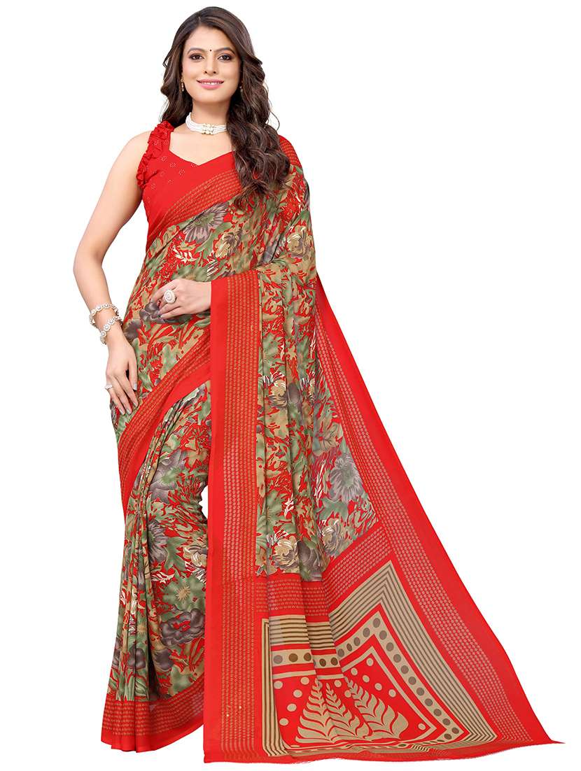 red georgette printed saree with blouse