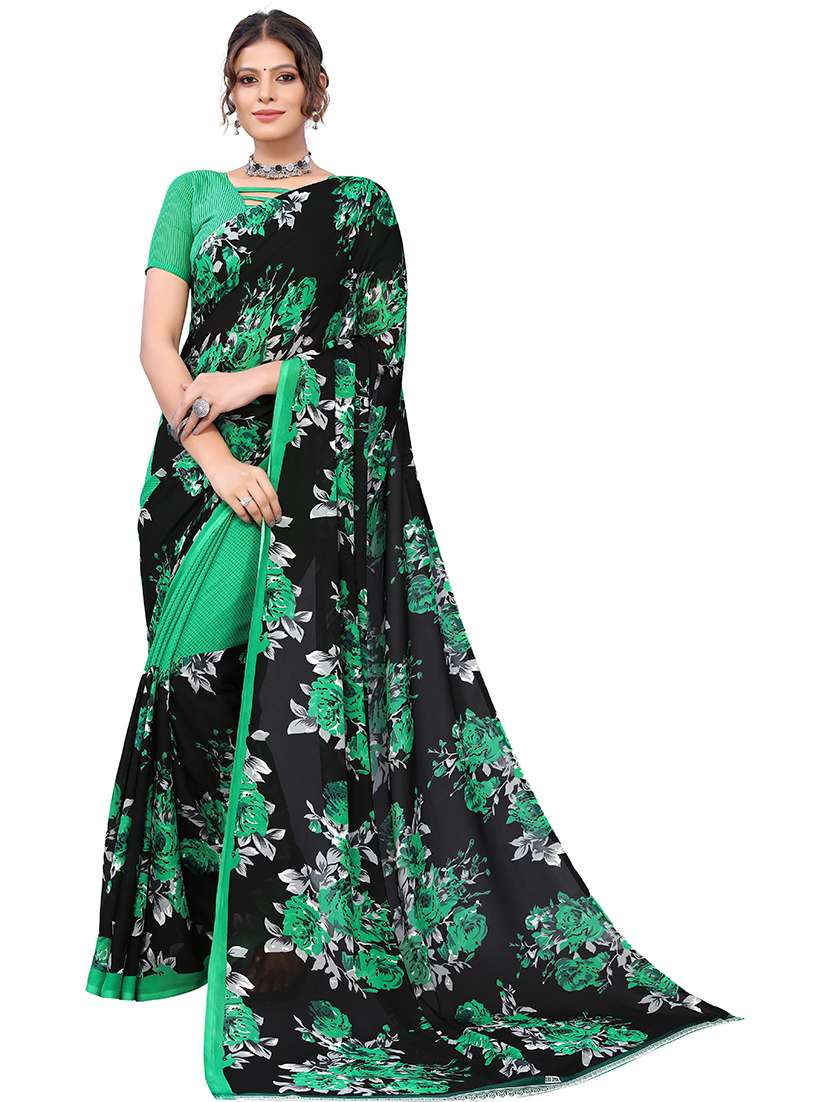 green georgette printed saree with blouse