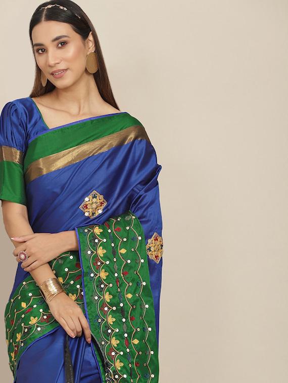 women's solid navy blue colored saree with blouse - 19572716 - Standard Image - 2