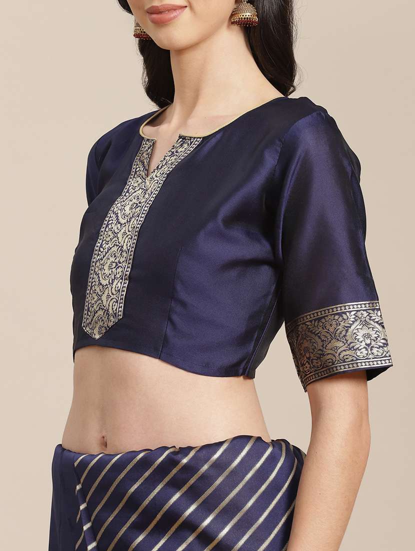 women's stripes navy blue colored saree with blouse - 19572734 -  Standard Image - 2