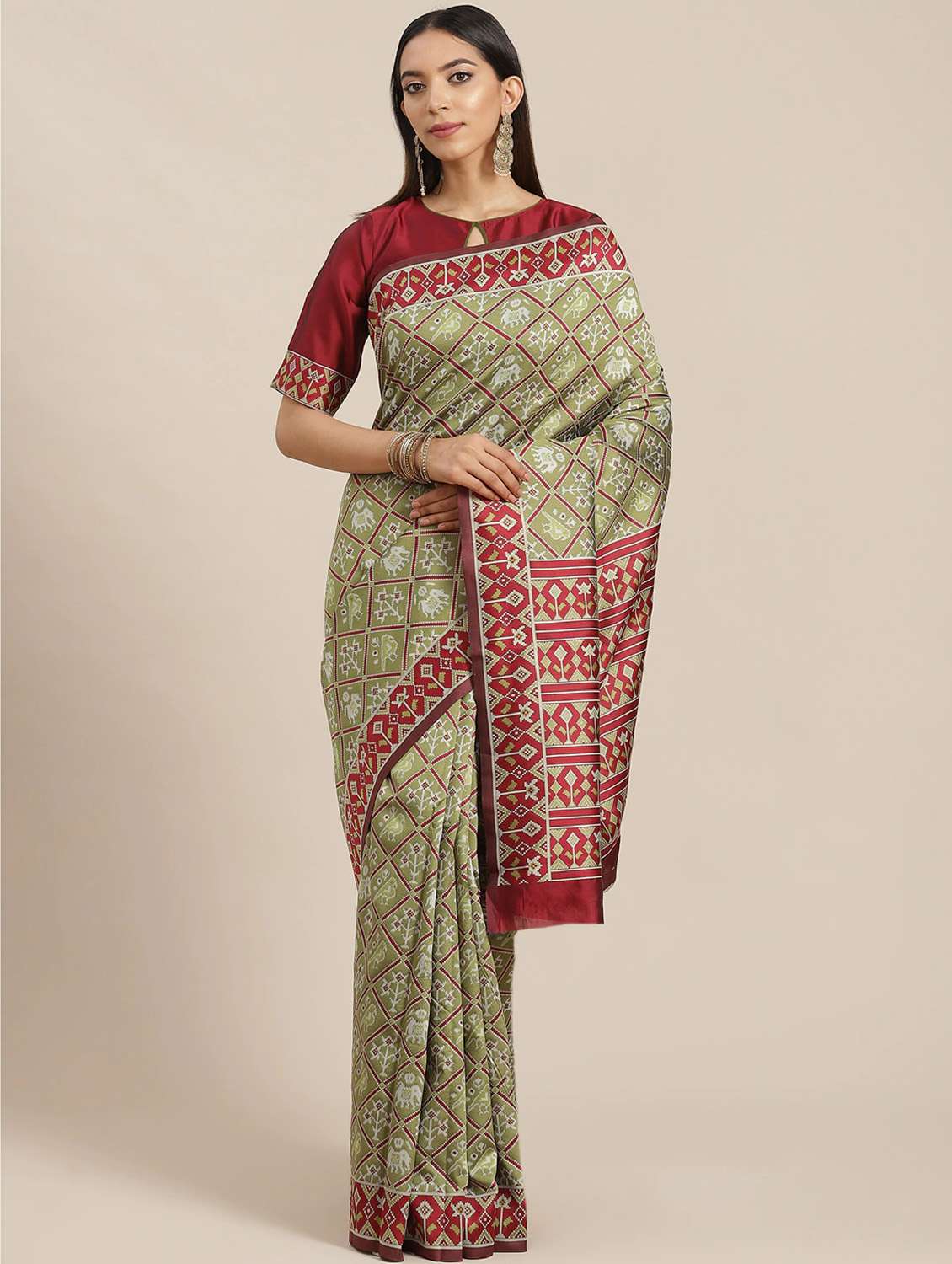 women's self design olive colored saree with blouse